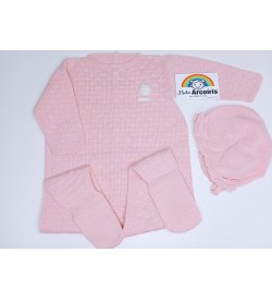Pelele bebé lana "conejito rosa” con gorro a juego